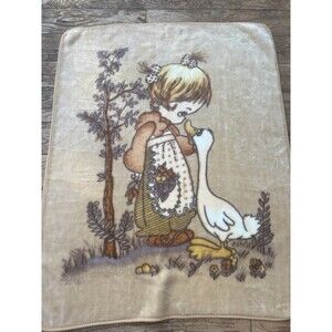 Vintage Precious Moments Blanket 42x52 Girl with Goose Beige Plush Soft Cozy
